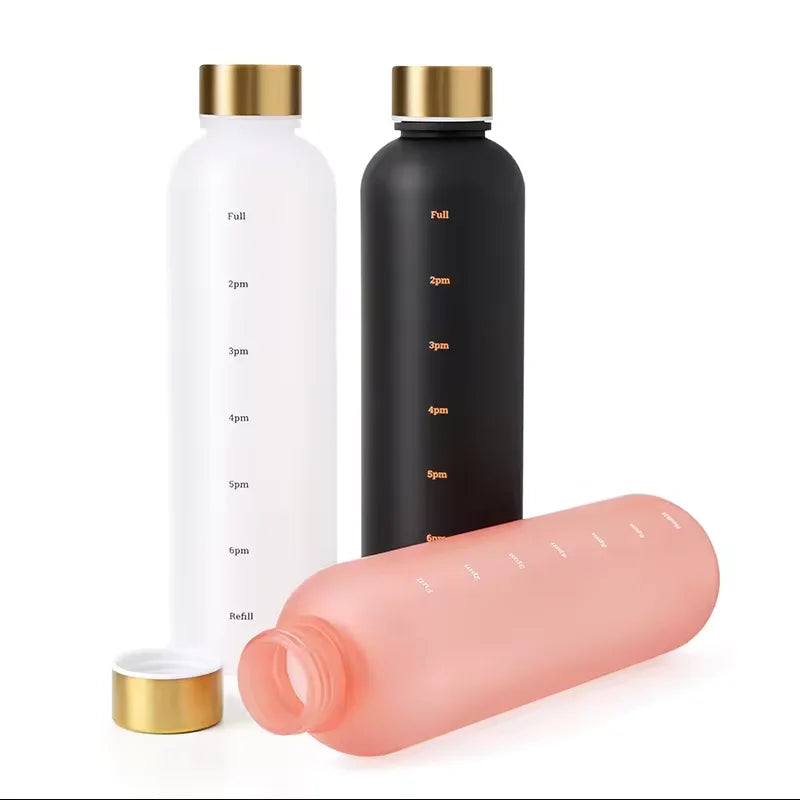 1L Motivational Water Bottle with Time Marker – Leakproof, BPA-Free, Frosted Design
