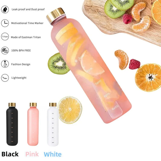 1L Motivational Water Bottle with Time Marker – Leakproof, BPA-Free, Frosted Design